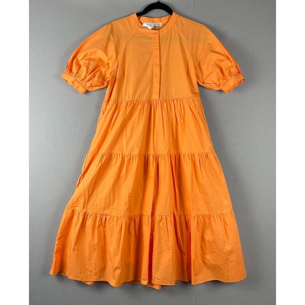 English Factory Dress Womens XS Orange Tiered Puff Sleeve Midi Cottage Boho NEW